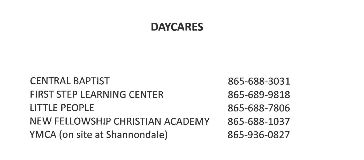Daycare Contact Information